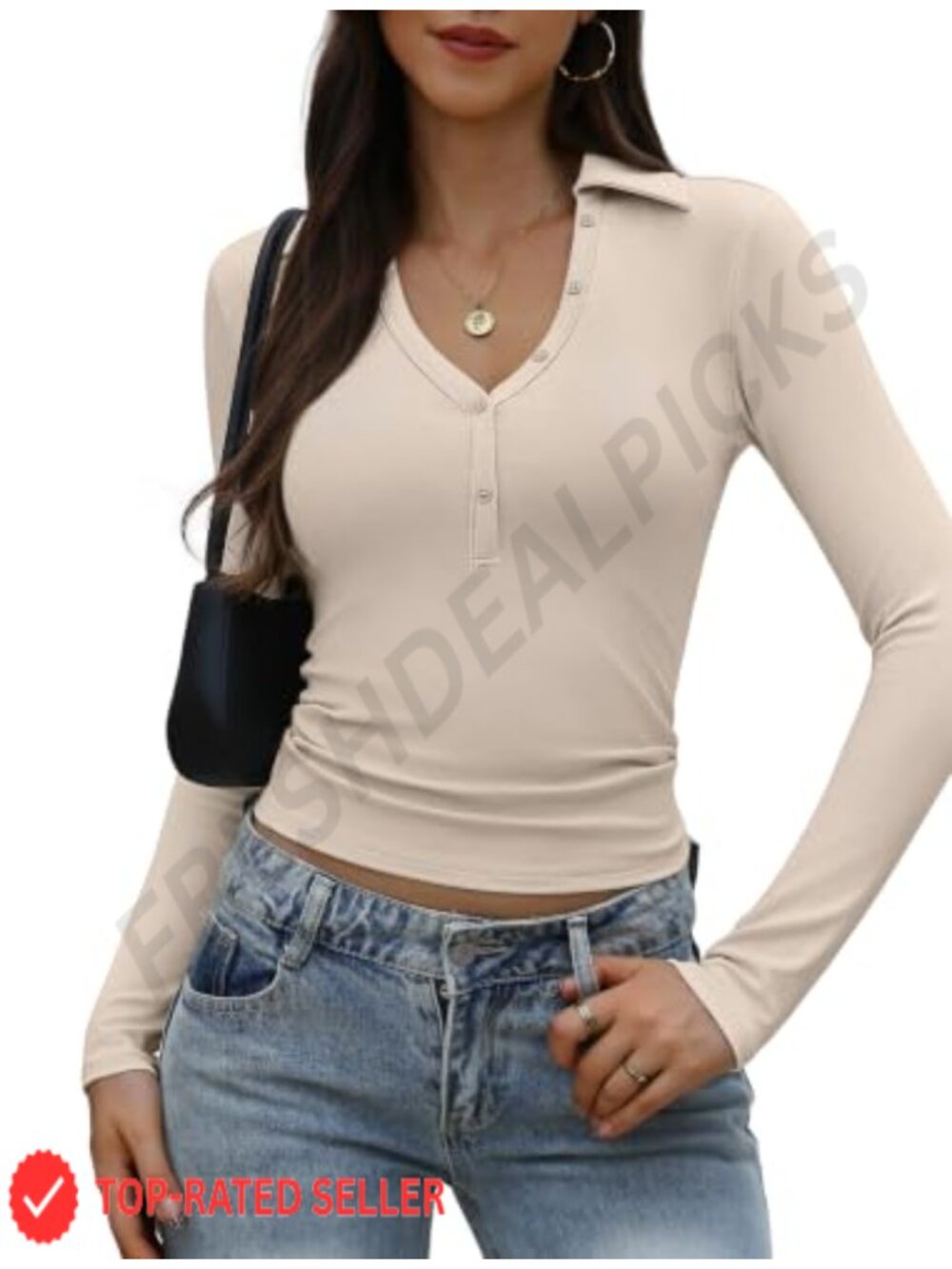 Women's Long Sleeve V Neck Collared Ribbed Polo Shirt Business Top